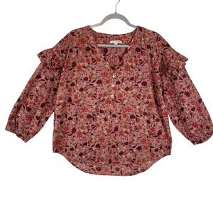 Free Assembly Womens Floral Ruffle Shoulder Button V-Neck Cotton Blouse Pink L